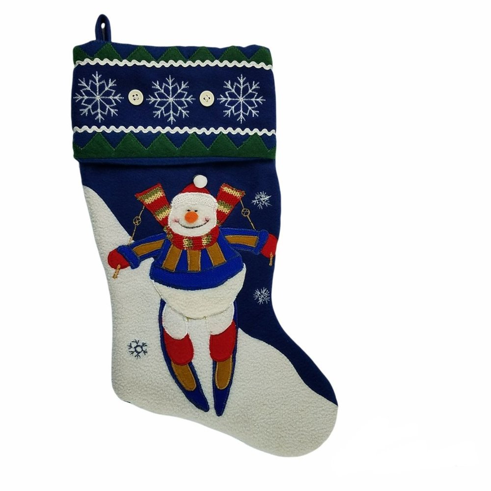 Christmas Stocking Snowman Skiing Snowflakes Applique Holiday Decor Santas Best